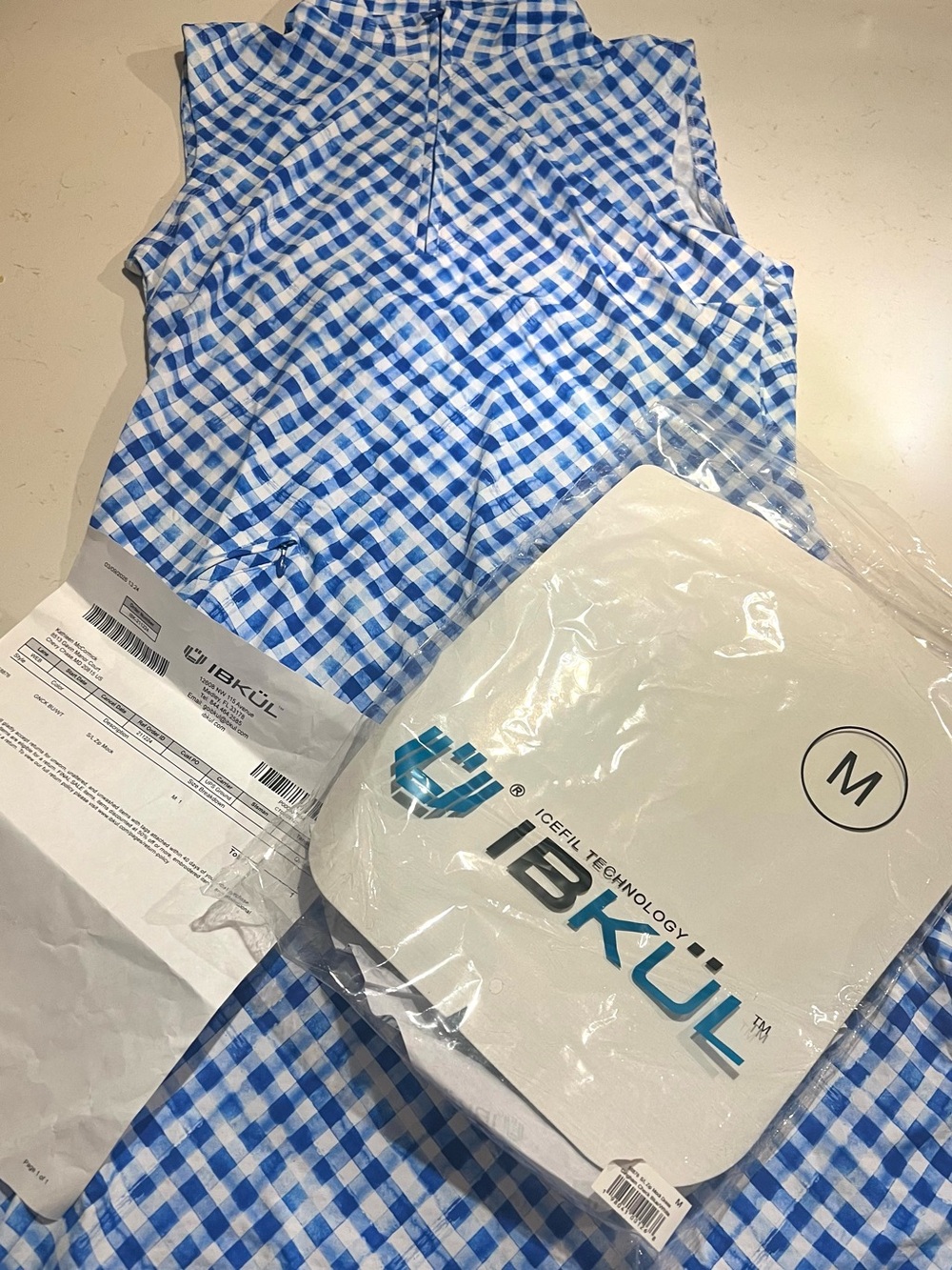 IBKUL Blue & White Gingham Sleeveless Zip Polo